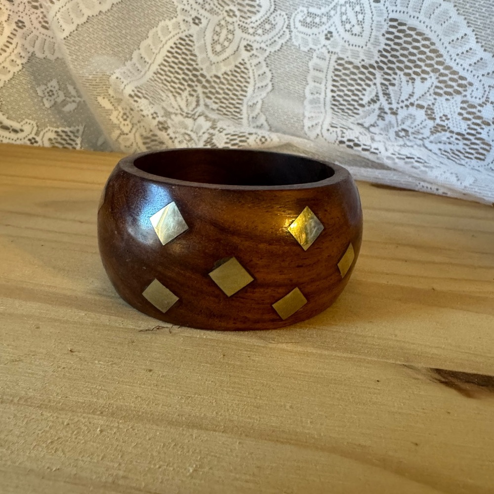 Wood bangle bracelet with brass inlay